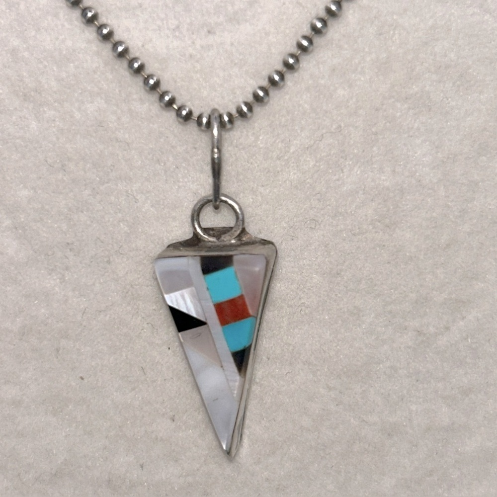 Sterling Native Style Pendant Multi Stone Inlay SS  16 “ Ball Chain